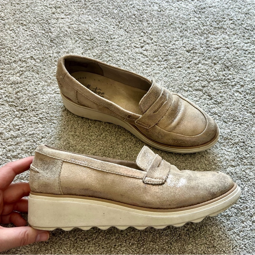 Clarks Beige Suede Platform Loafers